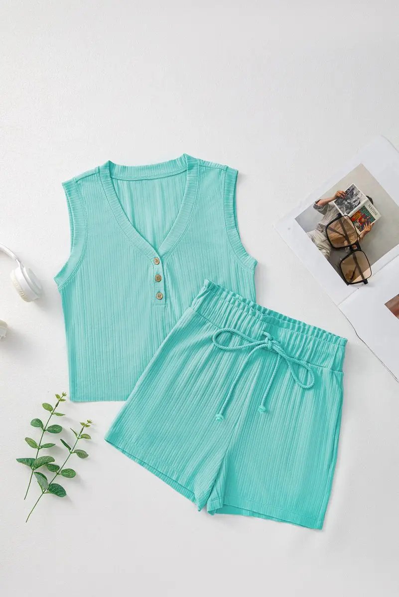 Mint Green Ribbed Button V Neck Tank Top and Shorts Set - Love Salve